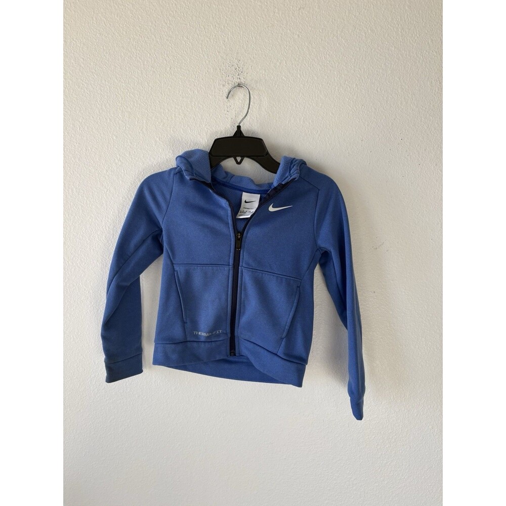 Nike Girls Size 4 - XS Blue Hooded Full Zip Jacket Big Logo Thumb Hole Sleeves